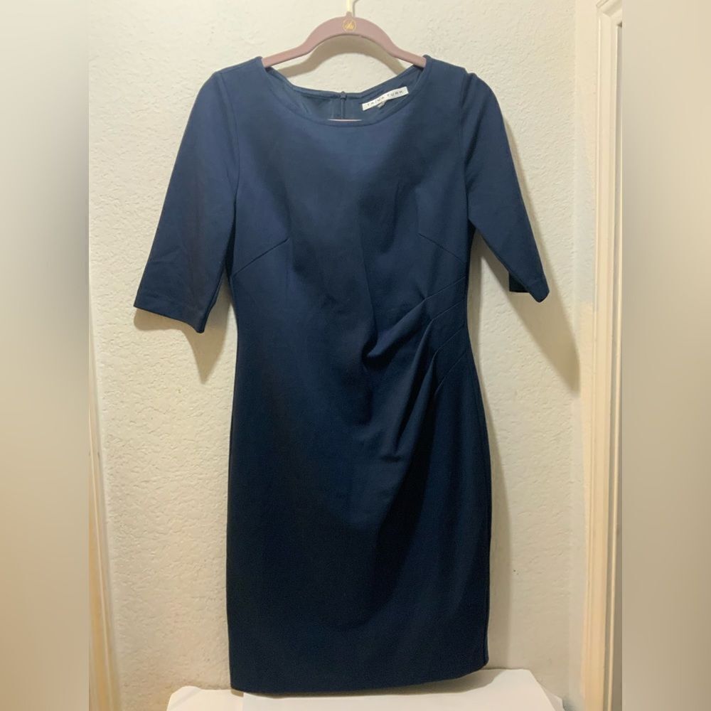 Trina Turk Navy Blue Half Sleeve Gathered Pleat Side Lace Trim Est. Size 8